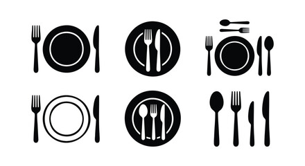 Minimalist cutlery icon set, black silhouette plate fork and knife symbols, restaurant table setting vector collection for menu design © Akash