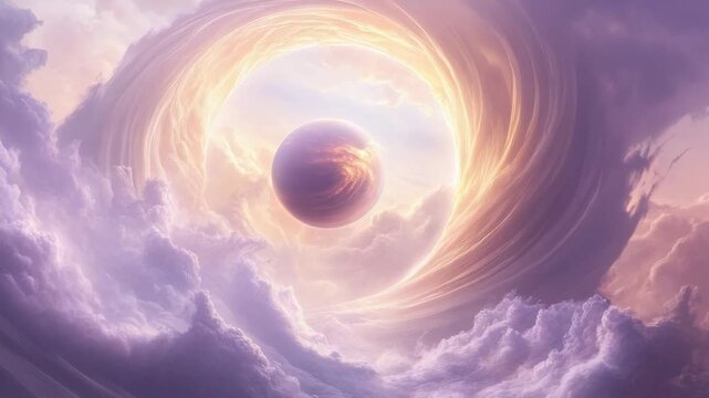 中心に惑星のような球体が浮かび、周囲を光り輝く渦がダイナミックに回転している。神秘的な宇宙、異次元への入り口、または夢のようなファンタジーの世界観を表現する。この幻想的なシーンは、ビデオコンテンツの背景やオープニング映像として利用可能である映像