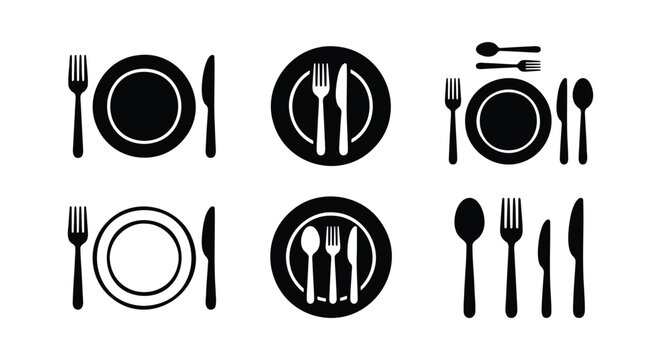Minimalist cutlery icon set, black silhouette plate fork and knife symbols, restaurant table setting vector collection for menu design