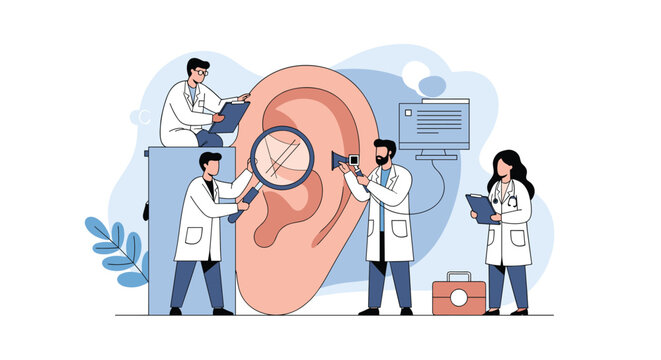 Medical professionals in lab coats using specialized instruments to conduct a detailed examination of a giant human ear model.