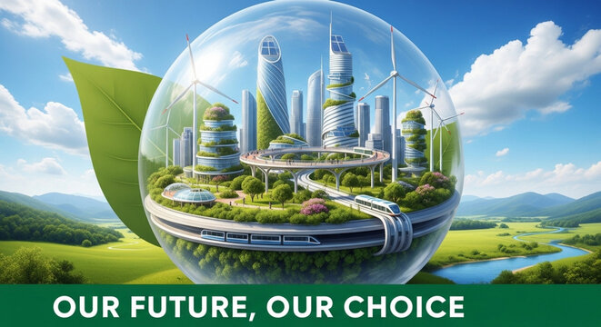 Futuristic ecofriendly cityscape inside a glass globe with green landscape and blue sky