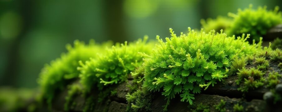 Bright lime green moss spreading across aged wood, delicate capillaries, moss, illustration
