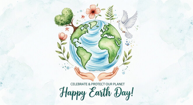 Happy earth day illustration with hands holding the globe and flowers