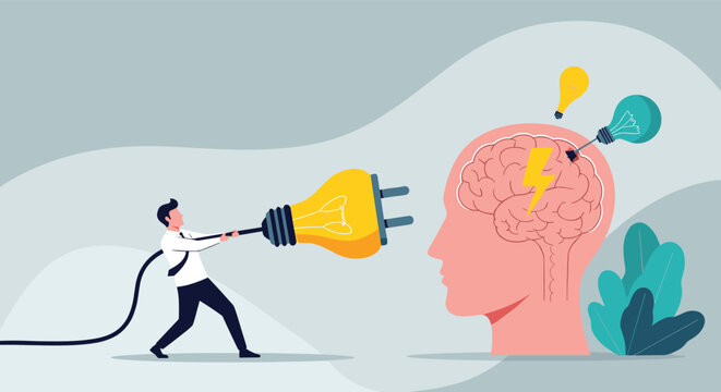 Person in business attire plugging a large glowing lightbulb into the brain of a giant human head to symbolize a new idea.