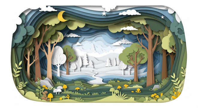 A whimsical layered landscape with trees, clouds, and a serene mountain lake scene