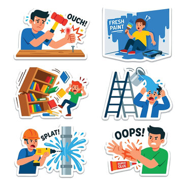 Collection Of 6 Exaggerated Cartoon Stickers Flat Vector Art Depicting DIY Home Improvement Fails Realistic Failure Moments Repair Accident Hammer Injury Paint Mess Scene White Background