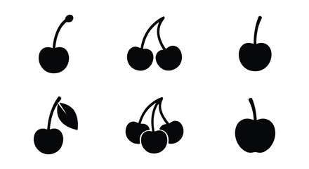 Minimalist cherry icon set, black silhouette fruit vector collection, simple organic berry symbols for food branding and menu design © Md