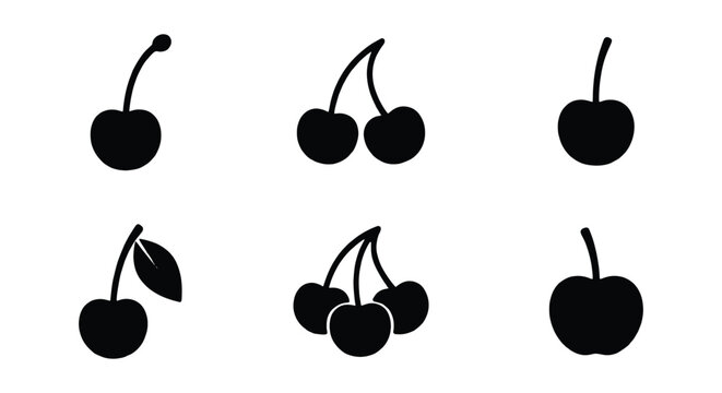 Minimalist cherry icon set, black silhouette fruit vector collection, simple organic berry symbols for food branding and menu design