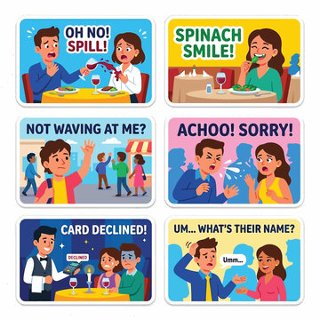 Premium Set 6 Exaggerated Stickers Flat Vector Art Realistic Failure Moments In Social Dating Awkward Situation Spilled Wine Food In Teeth Declined Card Embarrassment White Background