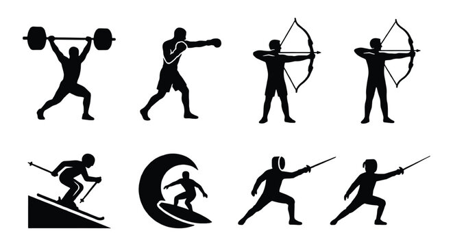 Athletic sports silhouettes set, 8 black vector icons of athletes, olympic competition symbols for weightlifting, boxing, archery, skiing, surfing and fencing