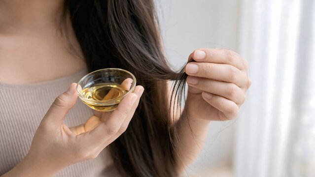 Woman holding hair strand and applying oil treatment