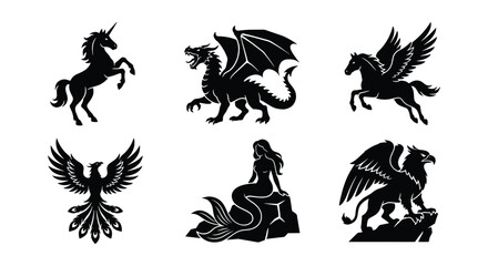 Mythical creatures silhouette collection, 6 fantasy animal vector icons, black dragon unicorn and mermaid set, heraldic griffin and phoenix symbols © Akash