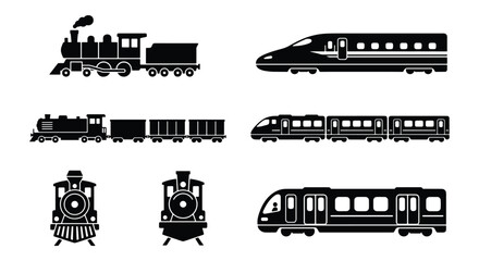 Vintage and modern train icon set, black silhouette steam locomotive and high speed electric rail transport, 7 vector railway vehicle elements © Ajadul