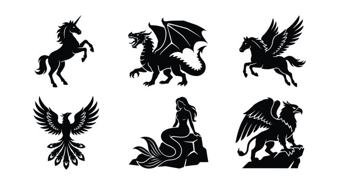 Mythical creatures silhouette collection, 6 fantasy animal vector icons, black dragon unicorn and mermaid set, heraldic griffin and phoenix symbols