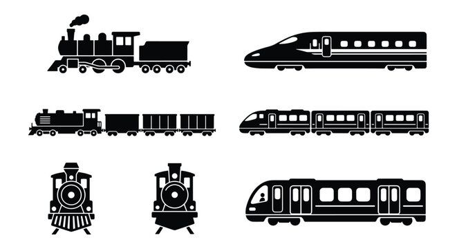 Vintage and modern train icon set, black silhouette steam locomotive and high speed electric rail transport, 7 vector railway vehicle elements