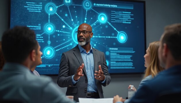 Black man with glasses talks to team near screen showing network diagram. Expert explains cybersecurity data protection risks. Colleagues listen in meeting room. Digital future analysis concept.