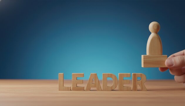 Wooden figurine being placed on a wooden base next to the word "LEADER" spelled out in block letters on a wooden surface with a blue background