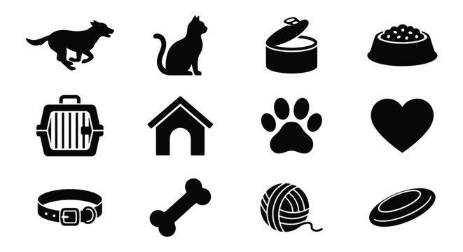 Pet care icon set with 12 black silhouettes, domestic animal supply symbols for veterinary clinics, dog and cat accessories vector collection