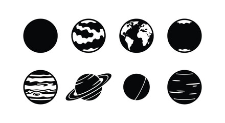 Minimalist solar system planet icons, set of 8 black and white celestial body vectors, flat astronomical symbols for science and space education © Akash