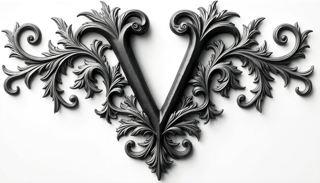 Ornate letter V design with swirling leaf and vine patterns in monochrome. Elegant decorative element for vintage or classic graphic projects. Classic typography initial for luxury branding.