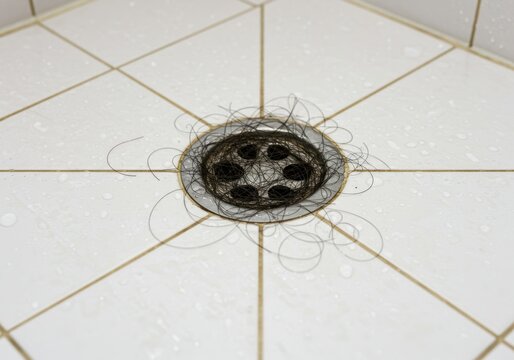 Hair clogged shower drain on wet tiled bathroom floor with water droplets