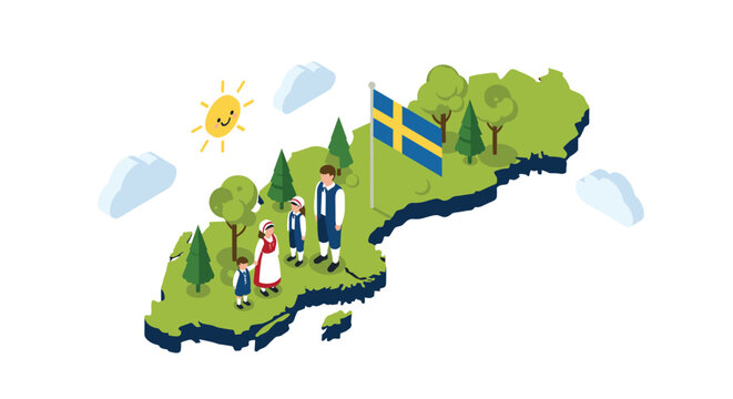 Isometric map of Sweden featuring family dressed in traditional folk costumes standing among pine trees and flag.