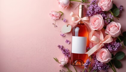 Fototapeta premium Rose wine bottle with blank label and bow tied with pink ribbon. Flowers and gift tag suggest special occasion like anniversary or birthday celebration.