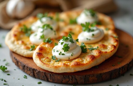 Fried flatbread topped with cheese and sour cream, garnished with fresh parsley. Served on wooden board, close up view of appetizing street food. Delicious Hungarian langos with garlic.