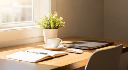 Fototapeta premium home office workspace with laptop and coffee