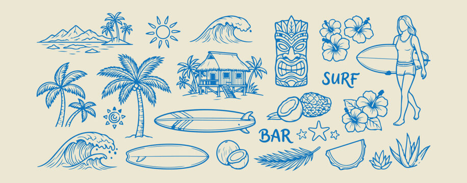 Tiki bar and tropical surf illustration, hand drawn beach holiday and ocean doodles, decorative exotic island and surf sketches, artistic summer vacation and travel elements, minimalist tiki mask and 