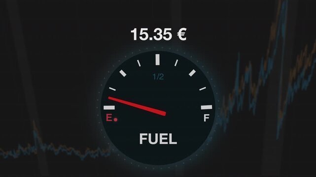 The European energy market faces a dark outlook. This dramatic animation features a fuel gauge filling up with a high Euro cost, highlighting the severe economic impact of fuel shortages.