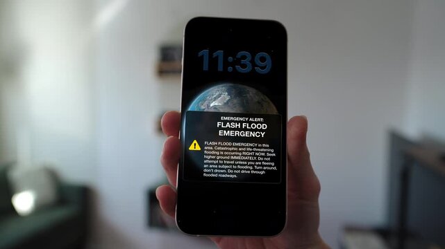 Rising waters present an immediate threat to life and property. This footage conceptualizes a flash flood emergency broadcast, perfect for themes of severe storms, climate change, and survival.