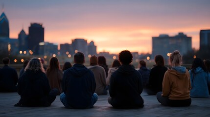 Obraz premium A diverse group of people sit together at dusk overlooking a vast and beautiful city skyline at sunset