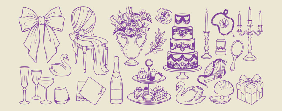 Afternoon tea and pastry treats set, hand drawn bakery and dessert doodles, decorative cafe and high tea theme sketches, artistic sweet cake and tea icons, minimalist kitchen and dining design element