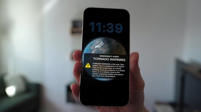 Residents must seek shelter immediately from a catastrophic storm. This clip visualizes the critical broadcast of a tornado warning, highlighting the destructive power of twisters and extreme weather.