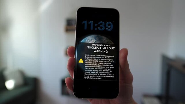 The unimaginable has occurred; atomic destruction is imminent. This stark footage visualizes a nuclear fallout warning broadcast, representing catastrophic warfare, apocalyptic threats, and survival.
