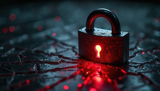 Cracked surface with red light emanates from keyhole of dark padlock. Represents cyber security breach threat, system error danger and data privacy risk.