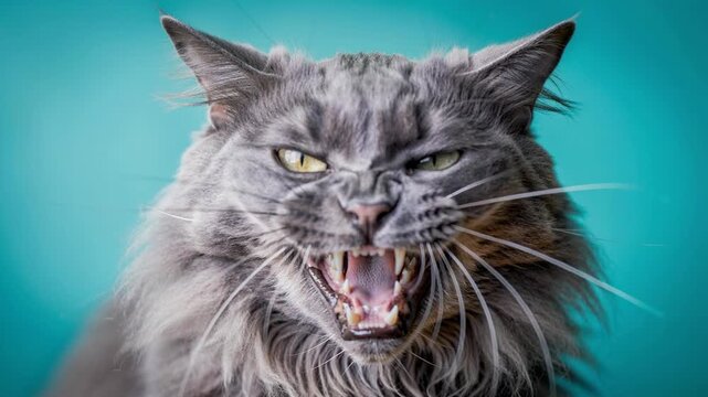 Close up of a fierce gray Maine Coon cat hissing with mouth open showing sharp teeth on teal background