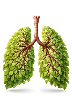 Kreative, surrealistische Darstellung menschlicher Lungen in Form eines Baumes: Die Bronchien verzweigen sich wie &Auml;ste und tragen dichte, gr&uuml;ne Bl&auml;tter. Das Bild symbolisiert Gesundheit, Atmung, Natur