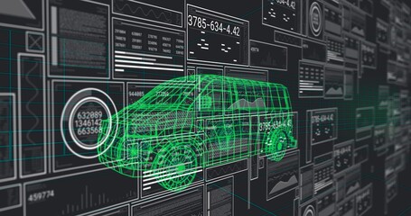 Obraz premium Floating neon-green 3D wireframe van rotating in virtual workspace, with dashboards and readouts