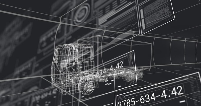 Wireframe truck model showing cab and wheels floating in virtual editor HUD panels 3785-634-4
