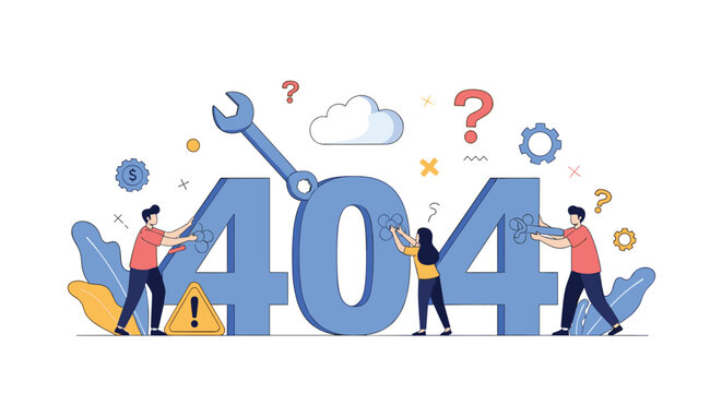 Team of workers using tools to fix a website 404 page error and technical issues for better user experience for internet technology.