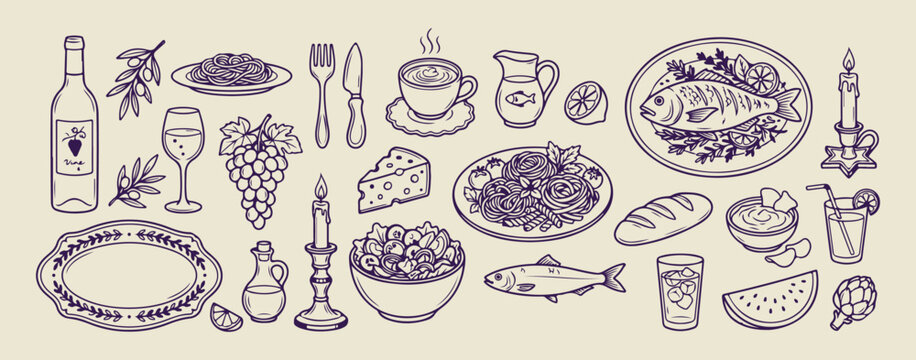 Italian pasta and dining table illustration, hand drawn mediterranean meal sketches, decorative restaurant and cooking doodles, artistic traditional italian kitchen icons, minimalist pasta bowl and ut