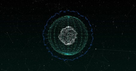 Fototapeta premium Displaying multicolor spherical network pulsing in virtual deep-space void, with wireframe meshes