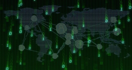 Obraz premium Displaying transparent world map in virtual network with cascading binary digits and nodes