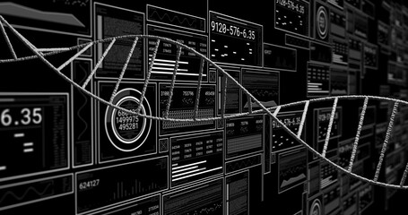 Obraz premium Hovering textured grayscale double-helix strand moving across dark data wall, showing HUD panels
