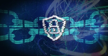 Obraz premium Displaying central pixel shield emblem glitching over digital network, showing padlock, code, mesh