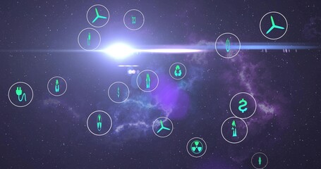 Fototapeta premium Displaying HUD icon cluster floating in space, featuring turbine plug recycle dollar human icons
