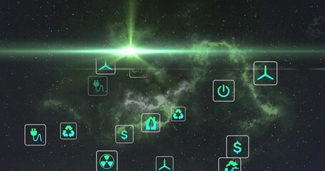 Glowing bright green stellar flare sending lens streak across nebula, with neon hologram icons © vectorfusionart