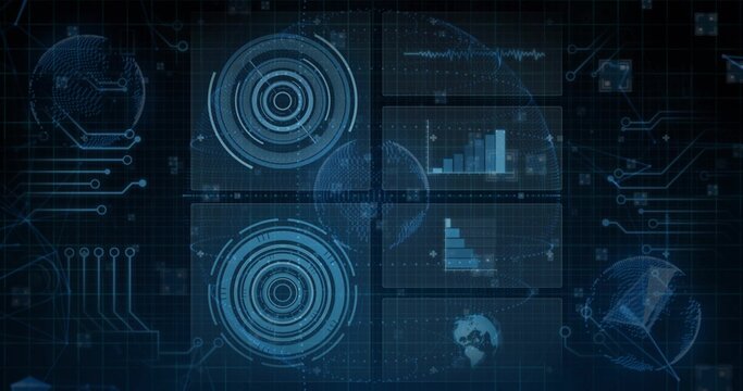 Displaying central 2x2 HUD panels at virtual dashboard, showing radar targets, bar charts, globes